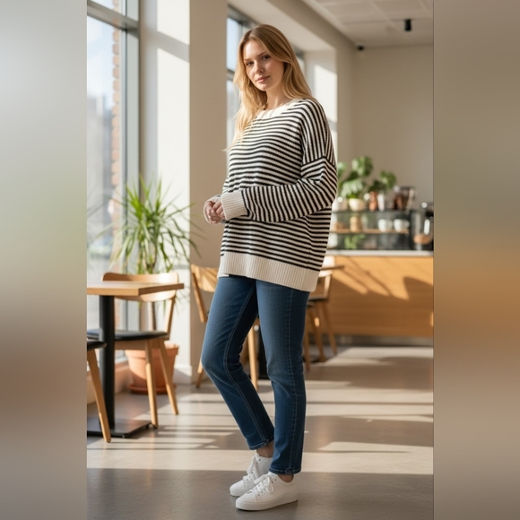 easel Sweaters - Womens Easel Sweater Sz Large Chic Black and White Striped Sweater